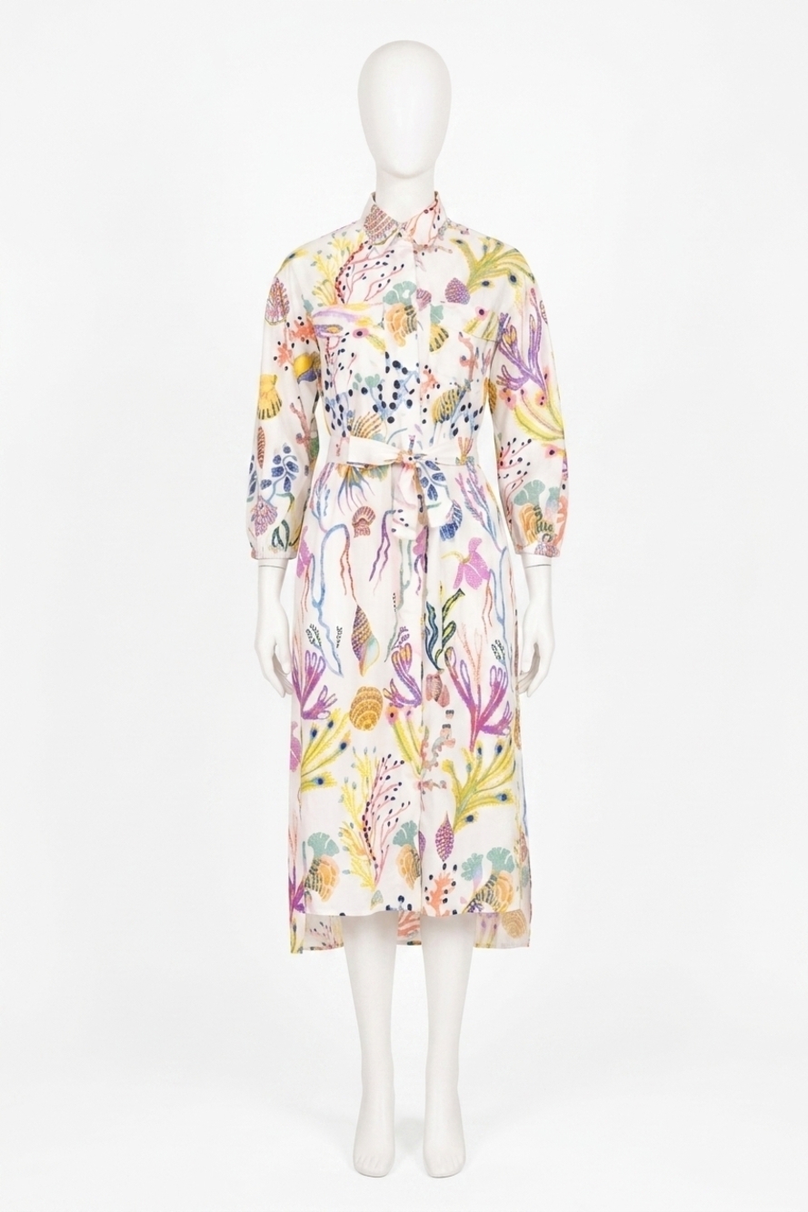 NEW BANJANAN gemma belted button-down midi dress in marine mirage